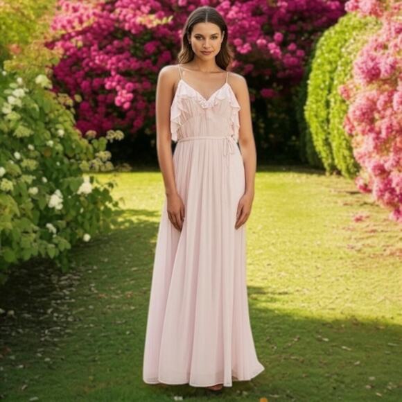 Monique Lhuillier Women's Size‎ 8 Ruffle Maxi Bridesmaid Dress Blush Pink Formal - Picture 1 of 13